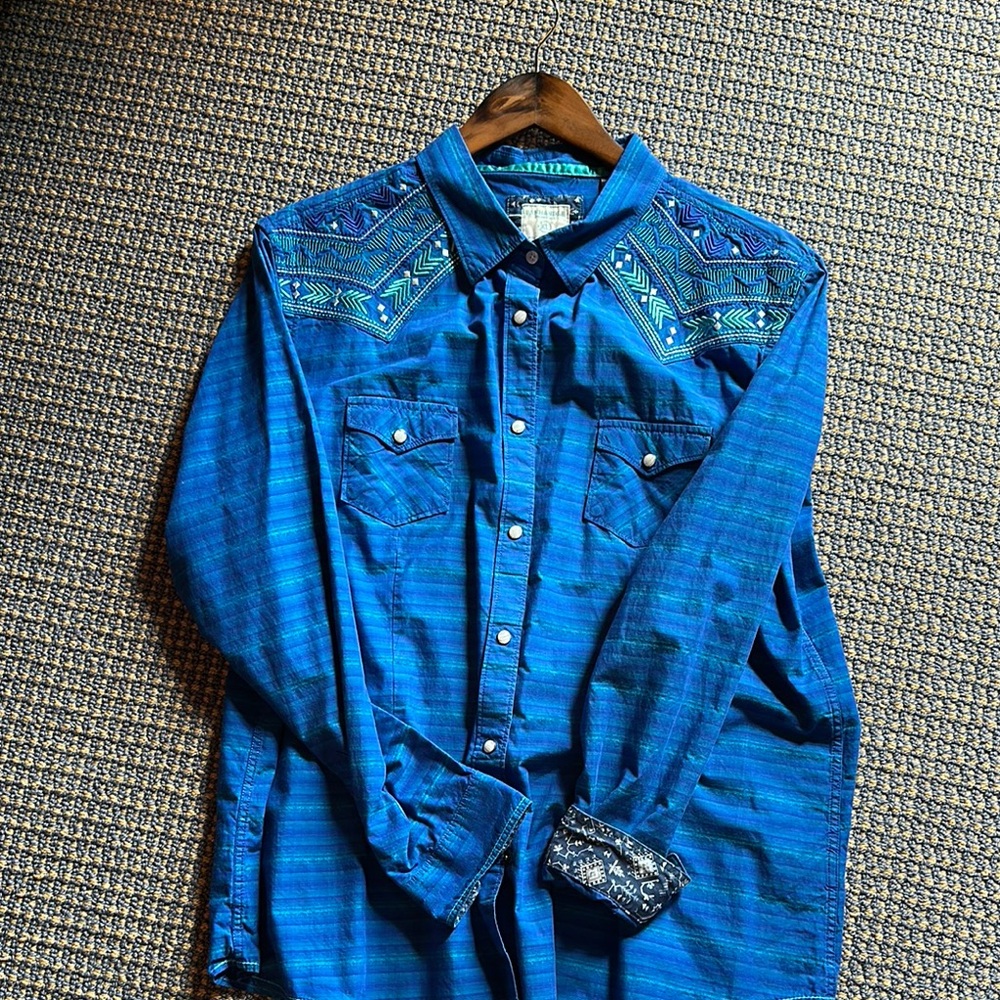 Women panhandle xl western Blue Patterned Shirt